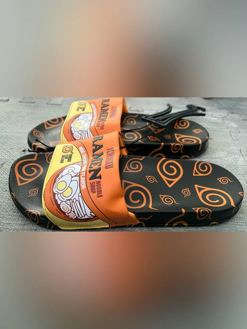 Naruto Ichiraku Ramen Men's Slide Sandals Black Orange Yellow Logo Slip-On